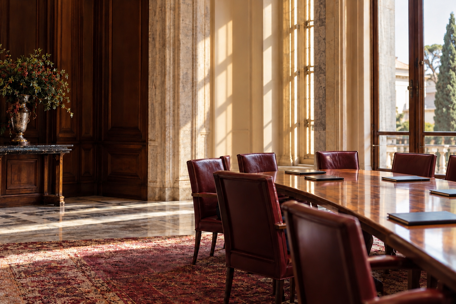 Sala storica vuota, con tavolo da riunione, finestre alte e pareti in legno e marmo.